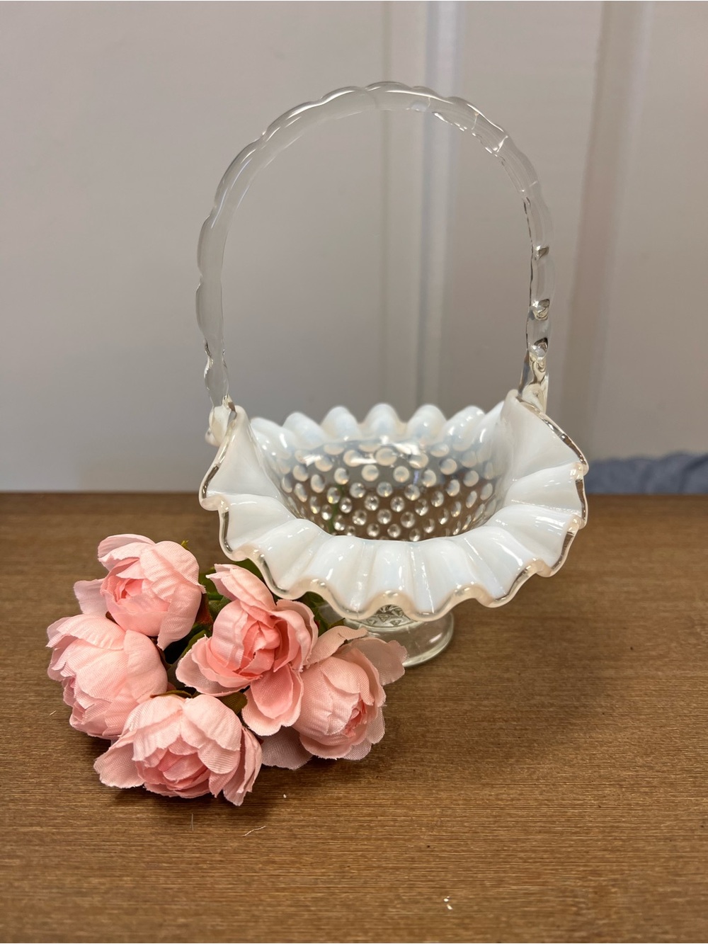 White Hobnail Glass Basket with Scalloped Rim